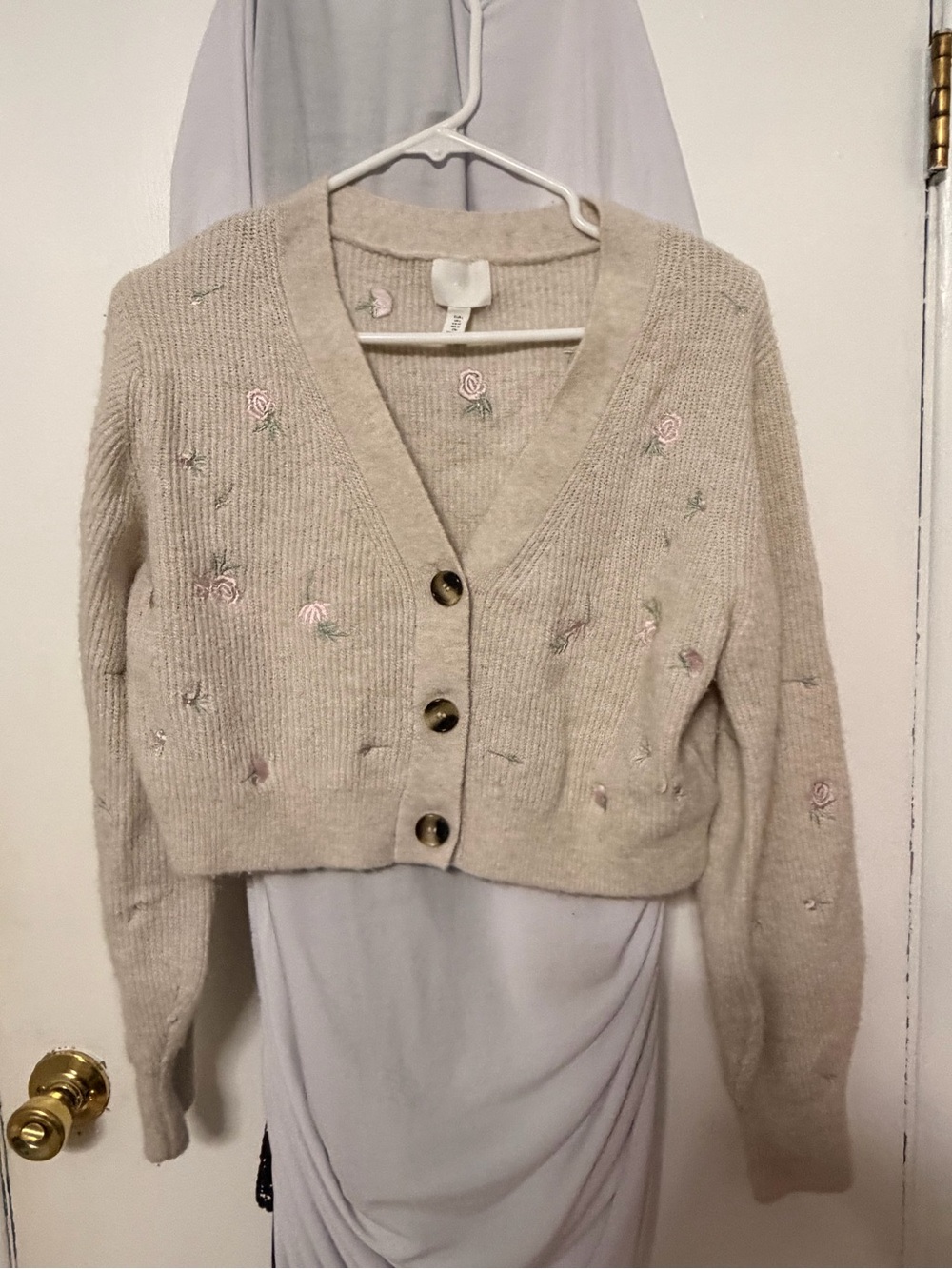 H&M Beige Cropped Cardigan with Pink Rose Embroidery